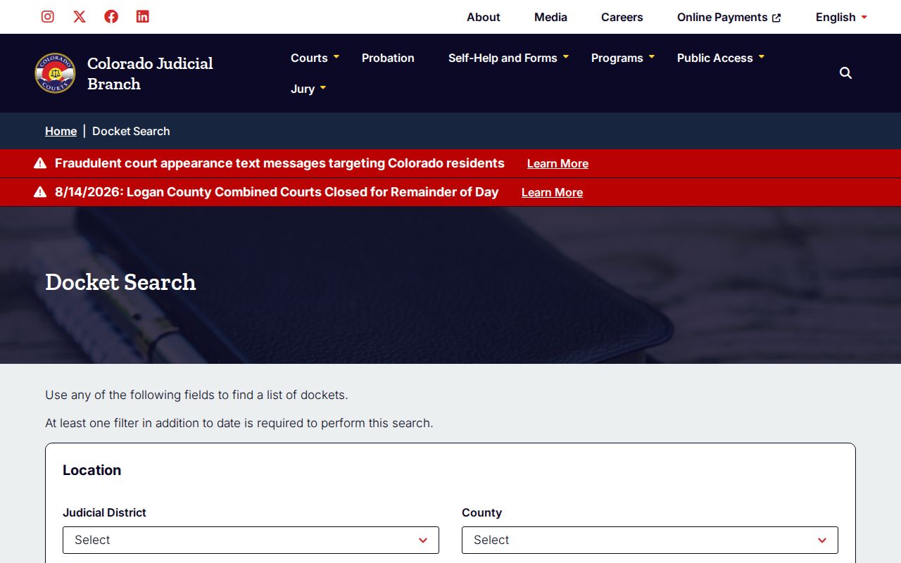 Summit County court docket daily search controls